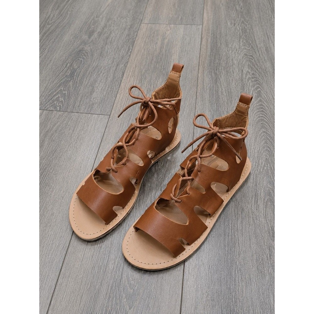 Wild Diva Womens 6.5 Brown Lace Up Gladiator Sandals Boho Cutout Flat